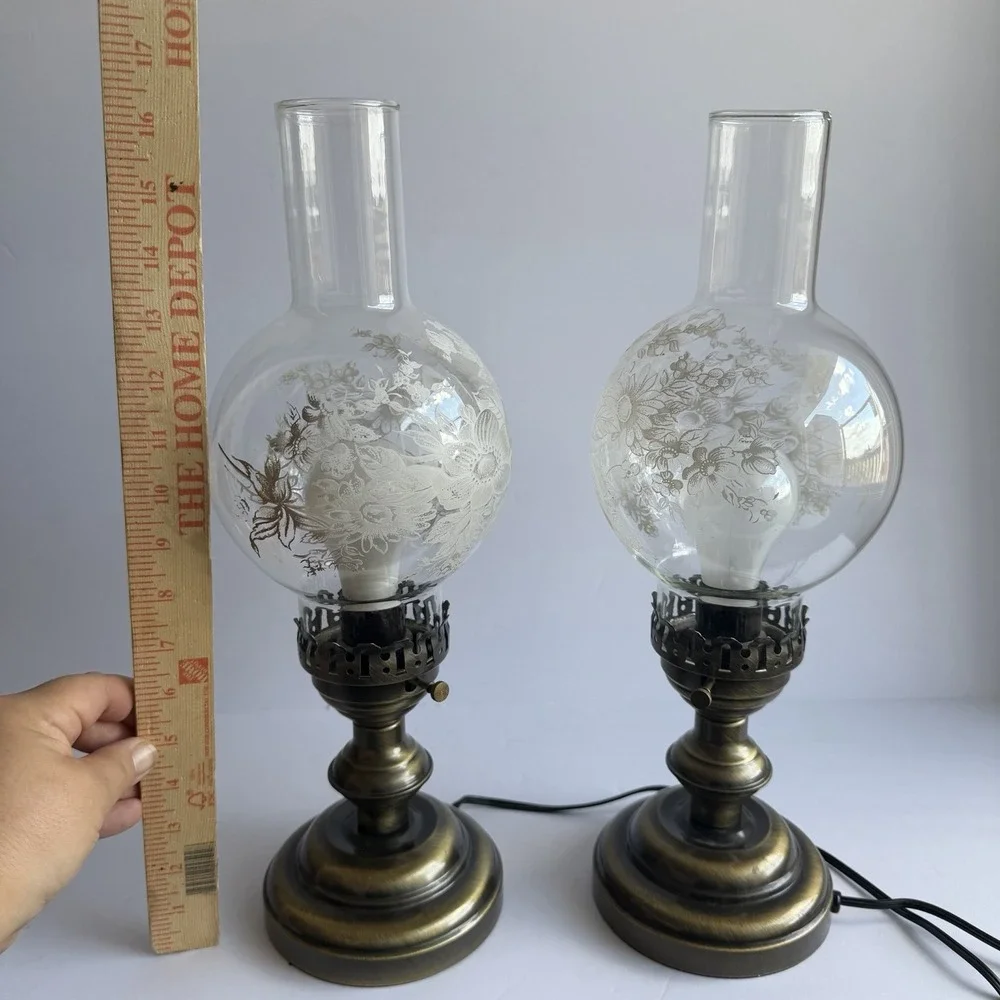 Victorian VTG Glass Hurricane Lamps (2) Floral Globe Cottagecore Praire